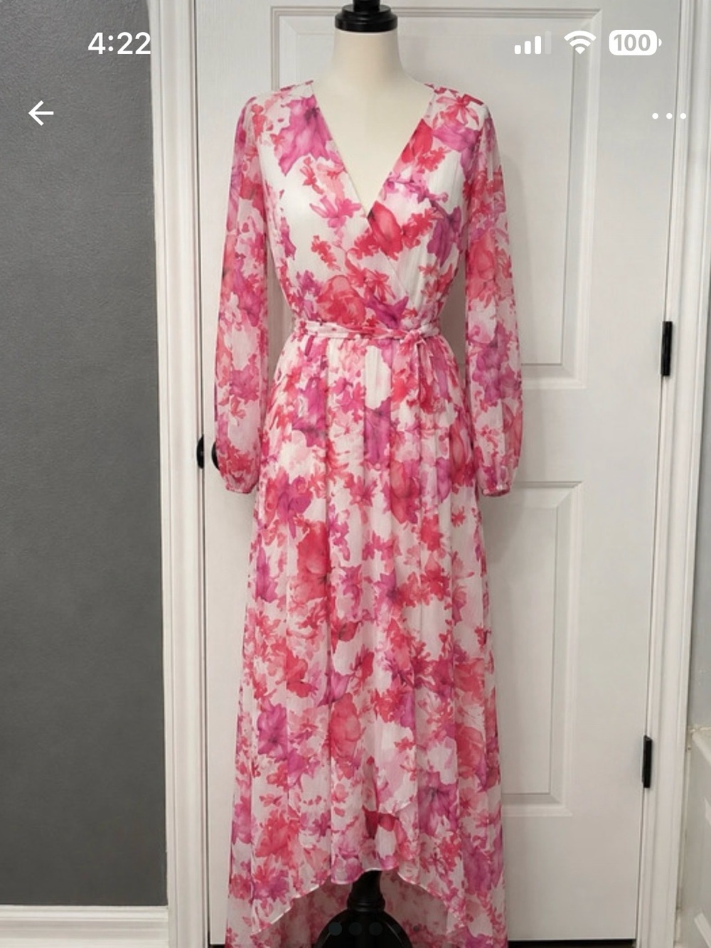 Siena Studio Pink Floral Wrap Maxi Dress with Long Sheer Sleeves